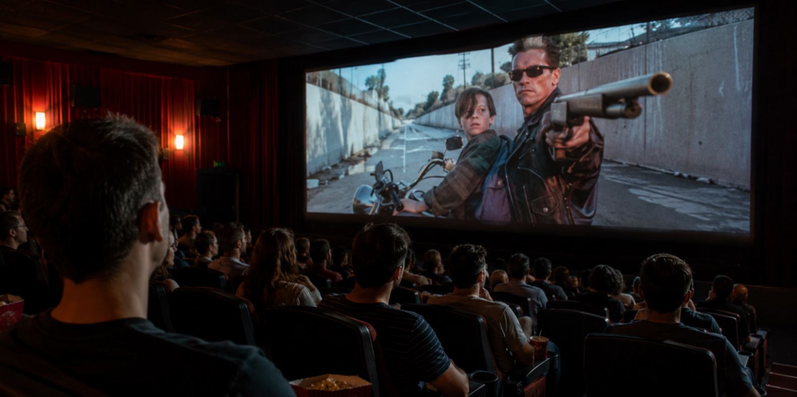 Público observa una escena de acción con una motocicleta en la pantalla de un cine